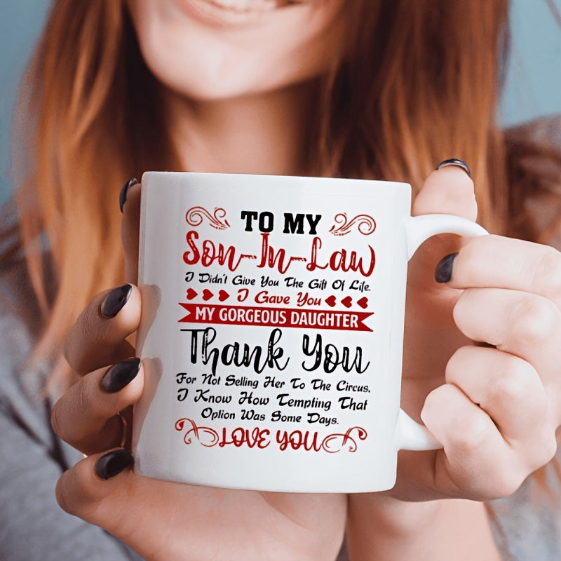 Tailorly White Ceramic 11 oz Mug - To My Son In Law Daughter Thank You Love You Minimalist White Ceramic With Red Heart Icons And Artistic Flourish Mug