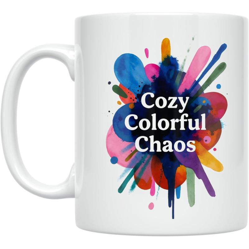Tailorly White Ceramic 11 oz Mug - Cozy Colorful Chaos Vibrant Multicolor Artistic Watercolor Paint Elements With Exploding Ink Effect Splash