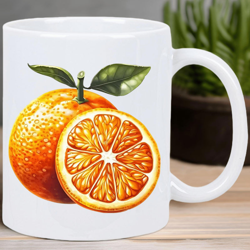 Tailorly White Ceramic 11 oz Mug - Vibrant Citrus Fruit With Green Leaves And Freshly Sliced Juicy Segment Orange