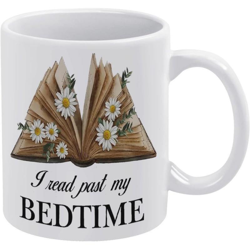 Tailorly White Ceramic 11 oz Mug - I Read Past My Bedtime Vintage Open Book With Delicate White Daisies Growing From Pages Book