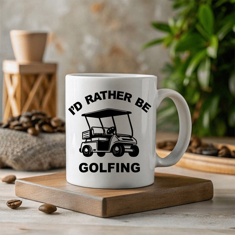 Tailorly White Ceramic 11 oz Mug - Id Rather Be Golfing Minimalist Black Outline Graphic Featuring A Classic Four Wheeled Recreational Golf Cart