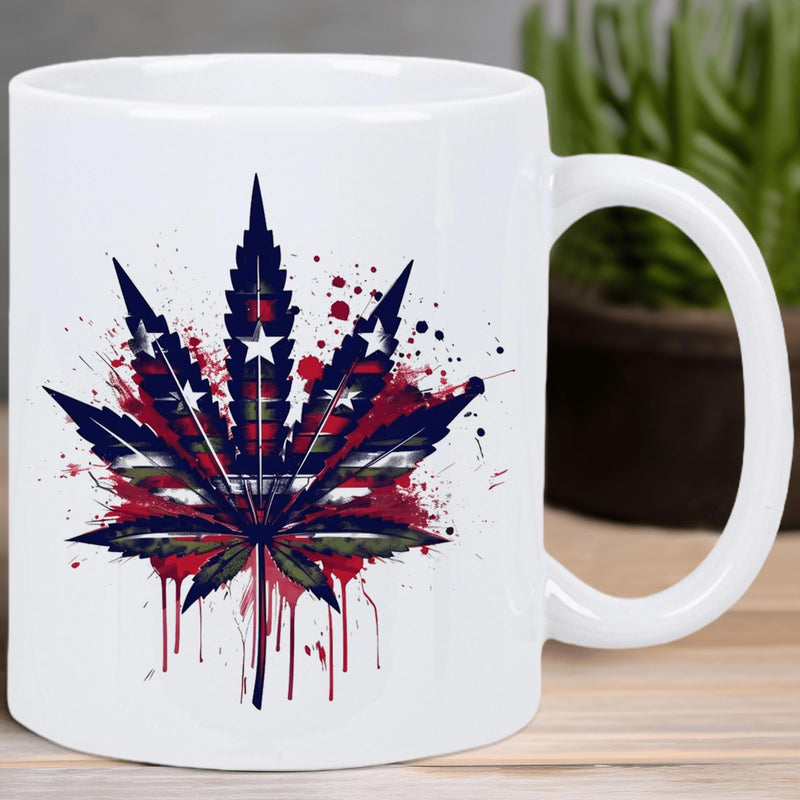 Tailorly White Ceramic 11 oz Mug - Stylized Artistic American Flag Pattern With Vibrant Paint Splatters Dripping Cannabis Leaf