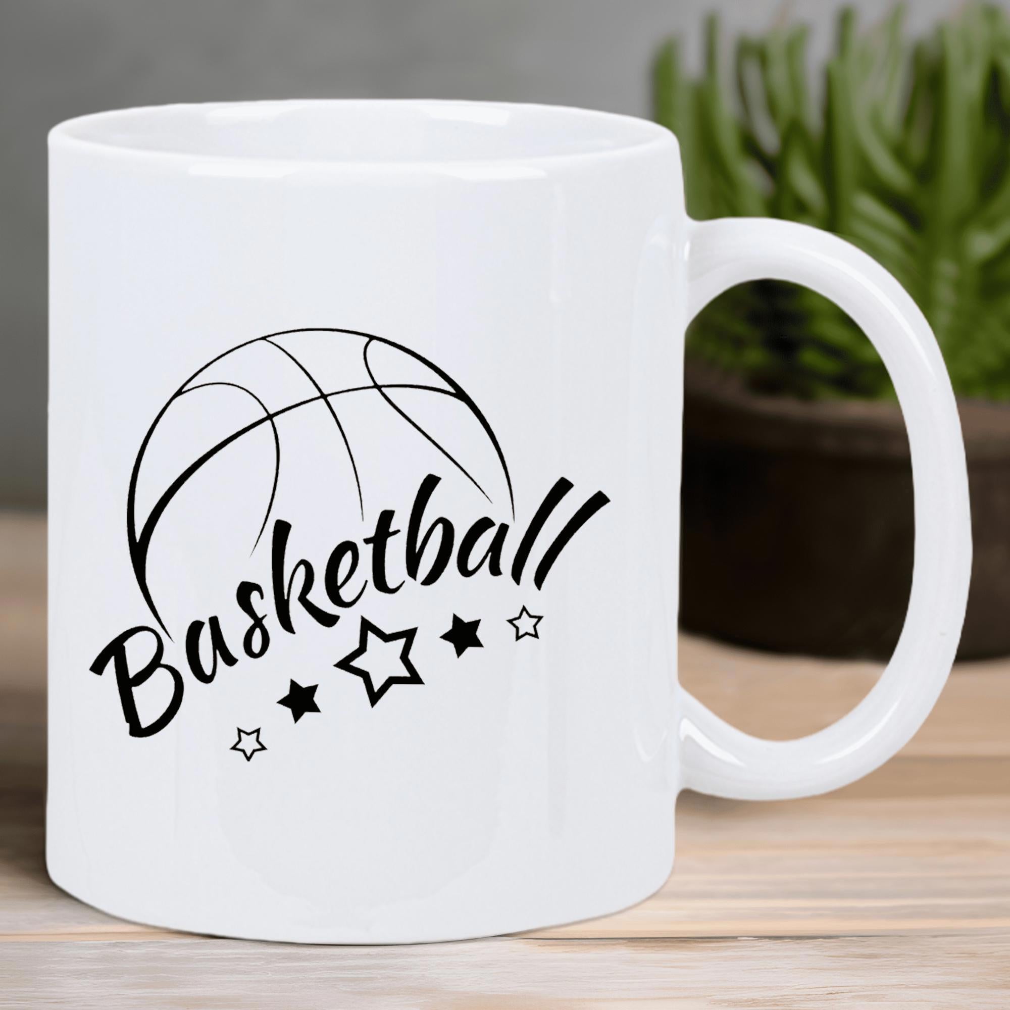Tailorly White Ceramic 11 oz Mug - Basketball Minimalist Artistic Line Drawing Featuring Multiple Small Decorative Stars Among Basketball