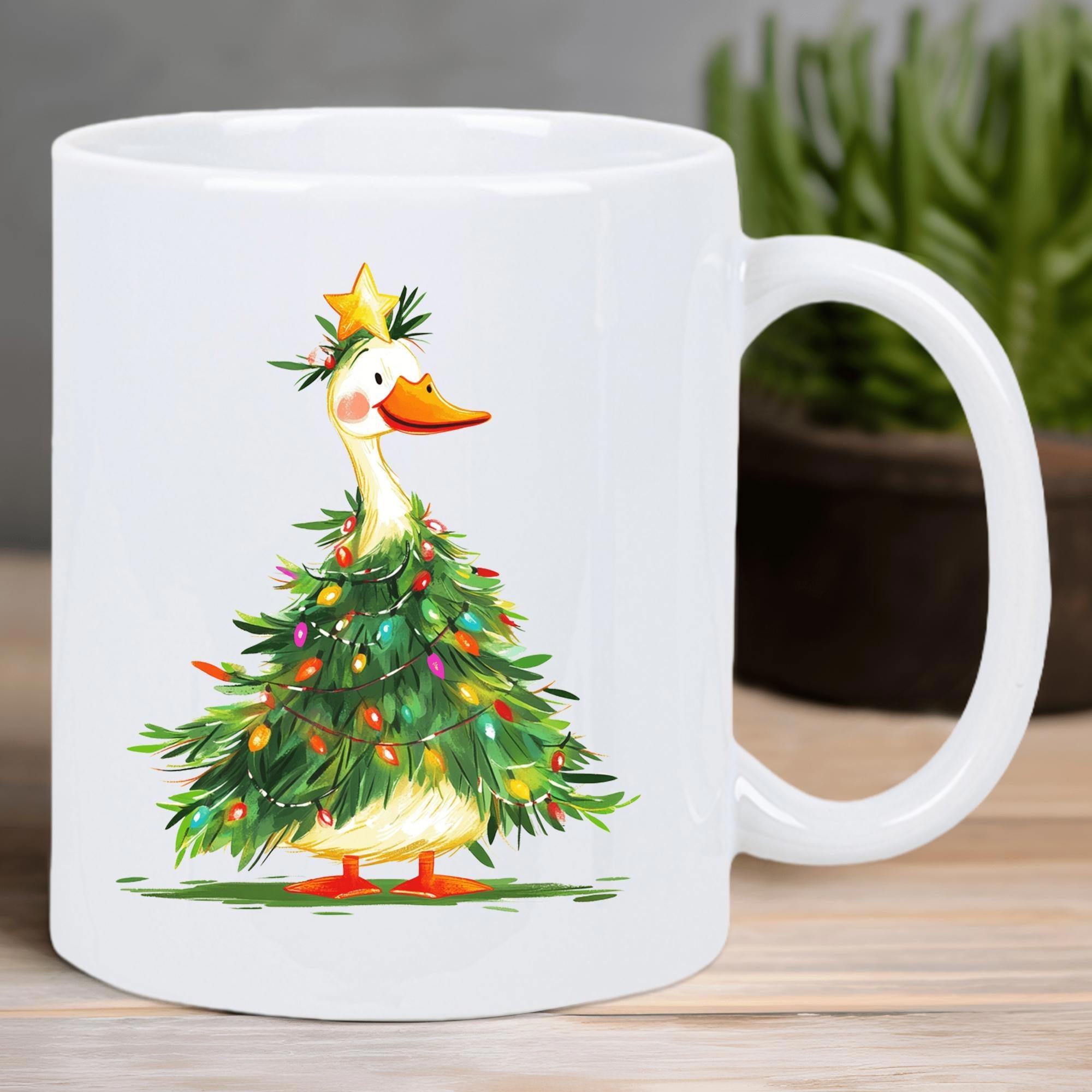 Tailorly White Ceramic 11 oz Mug - Adorable White Character Dressed In Vibrant Sparkling Evergreen Tree With Golden Star Duck