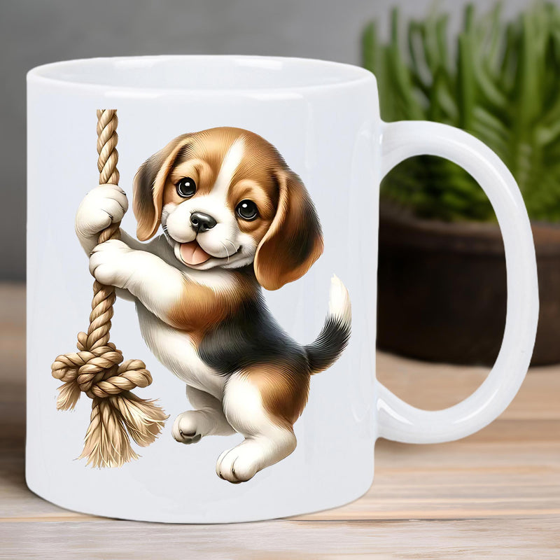 Tailorly White Ceramic 11 oz Mug - Adorable Playful Cartoon Character Holding A Thick Braided Rope Beagle Puppy