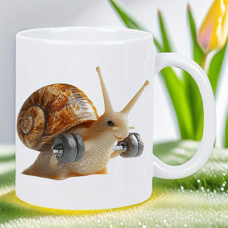 Tailorly White Ceramic 11 oz Mug - Realistic Brown Shell Snail Lifting Heavy Metal Dumbbells For Fitness Training Snail