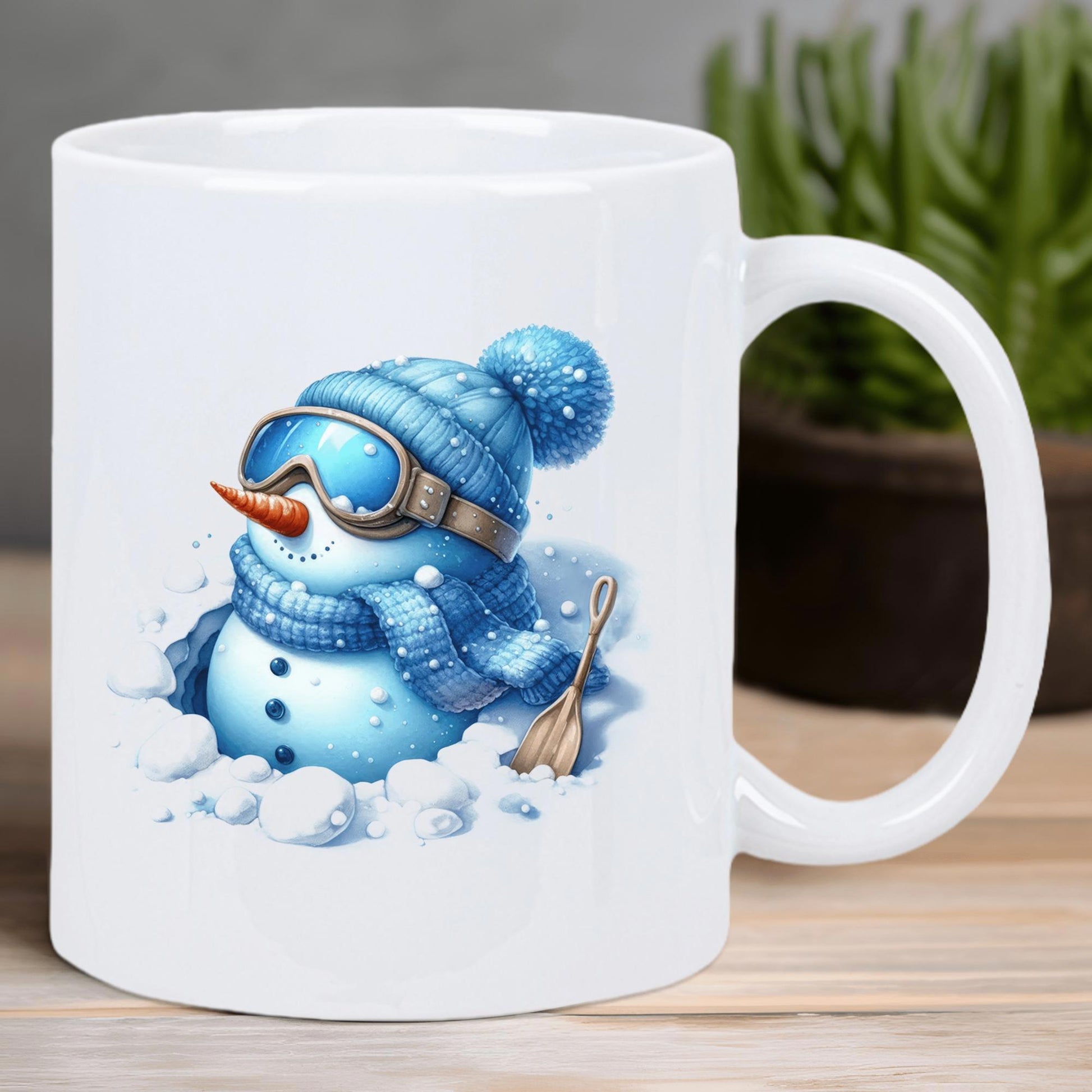 Tailorly White Ceramic 11 oz Mug - Cute Winter Snowman Wearing Blue Ski Goggles And Warm Knit Scarf Snowman