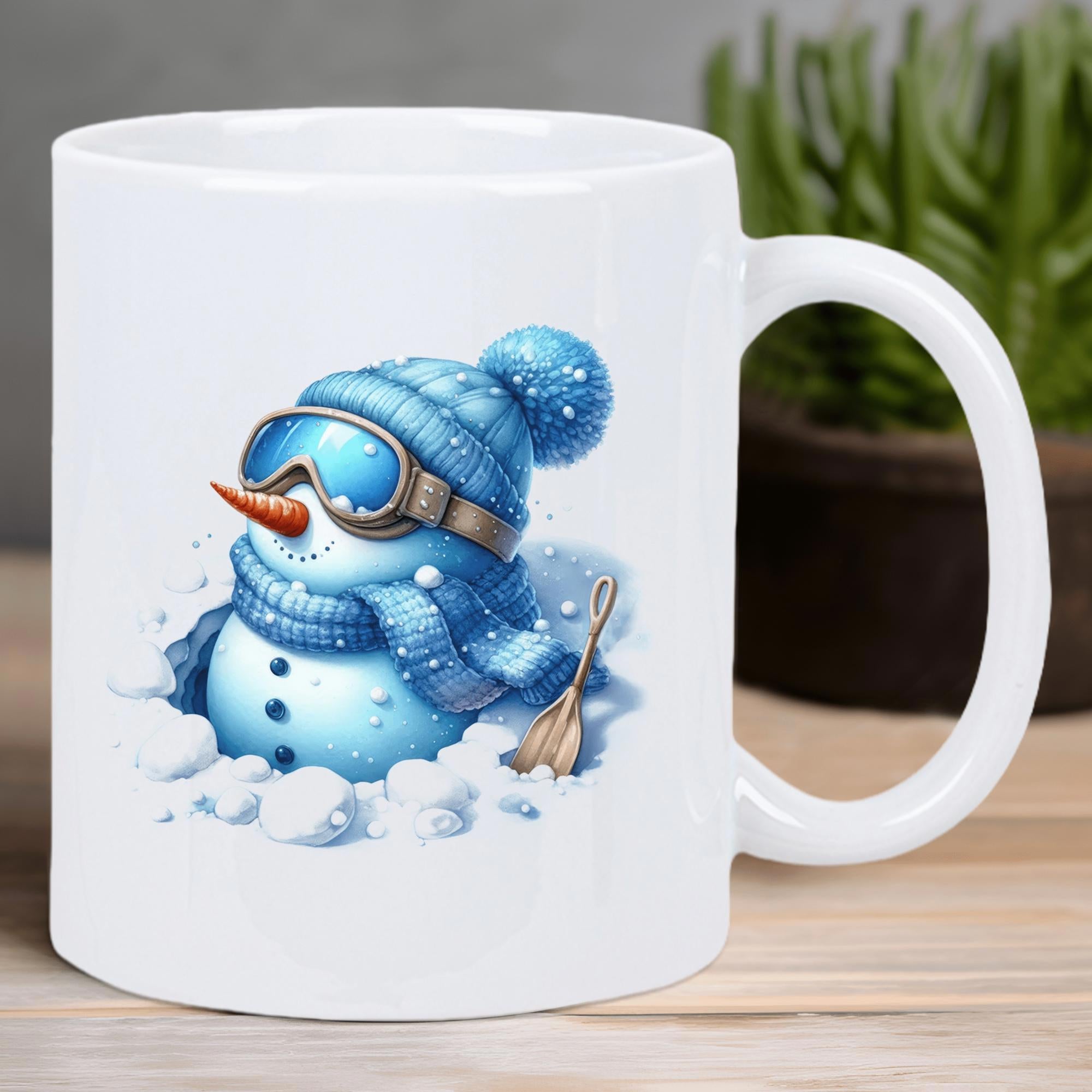 Tailorly White Ceramic 11 oz Mug - Cute Winter Snowman Wearing Blue Ski Goggles And Warm Knit Scarf Snowman