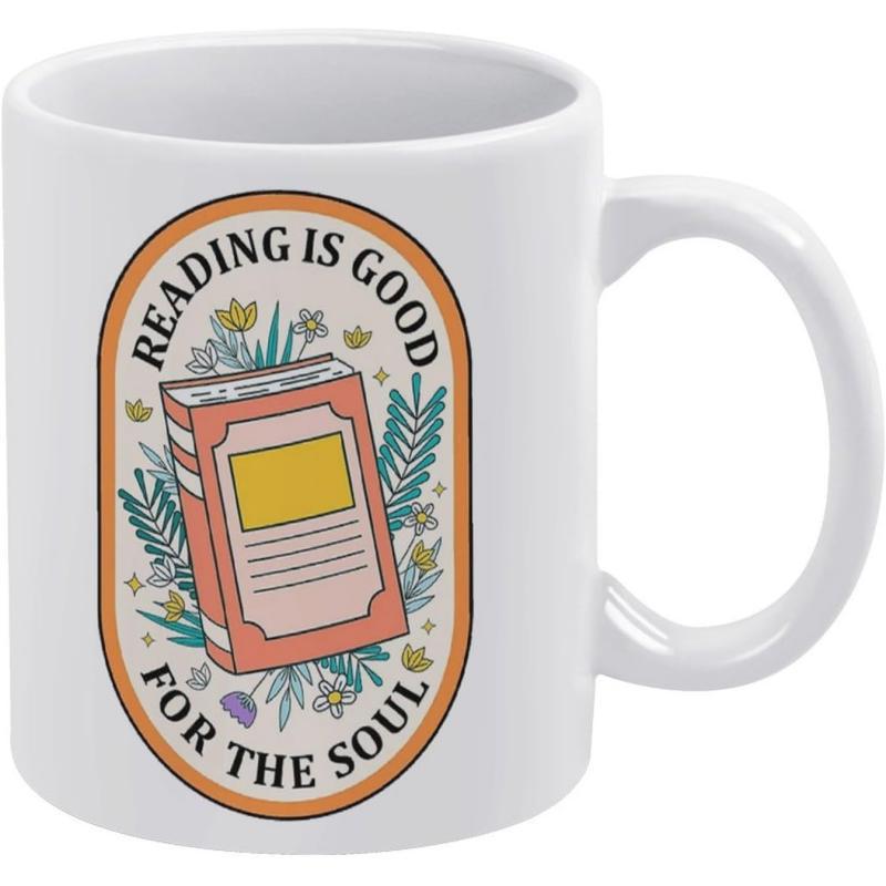 Tailorly White Ceramic 11 oz Mug - Reading Is Good For The Soul Colorful Vintage Illustration Featuring Wildflowers And Green Leaves Surrounding An Old Book