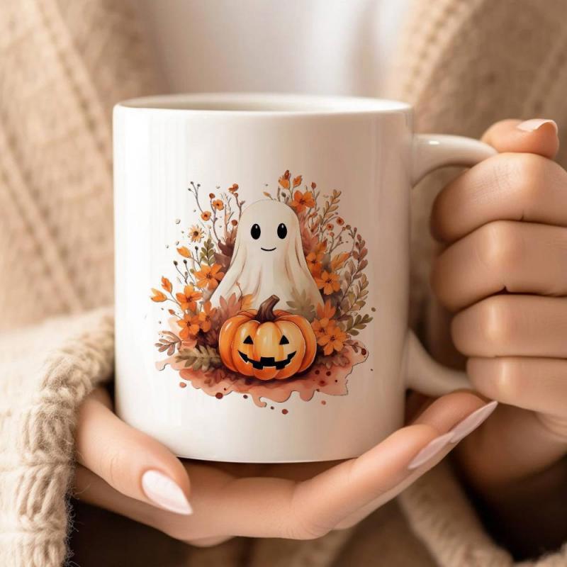Tailorly White Ceramic 11 oz Mug - Adorable Little Ghost Peaking From Behind An Orange Pumpkin Among Autumn Foliage Ghost