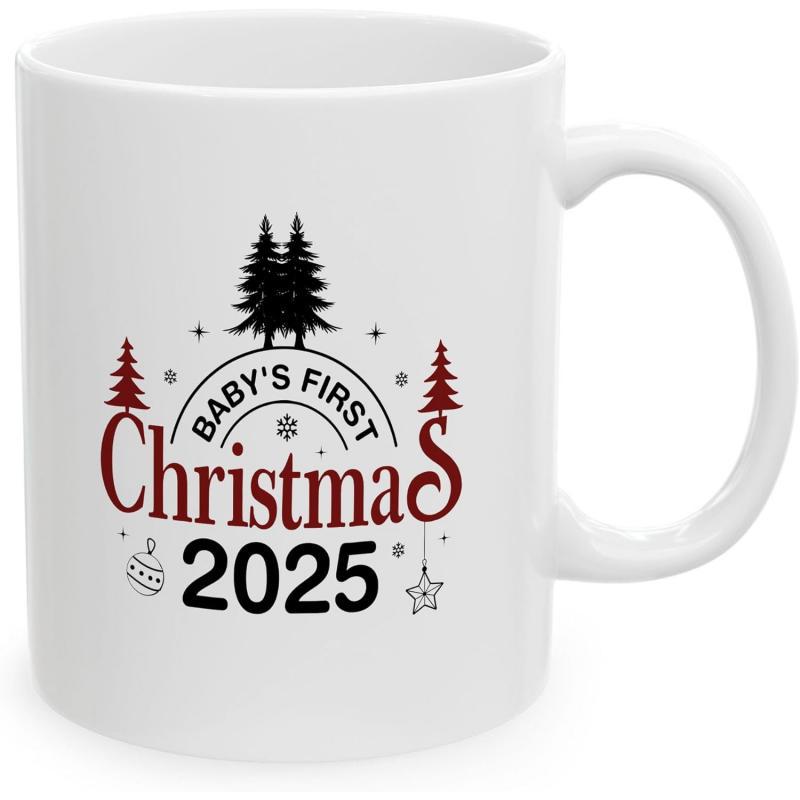 Tailorly White Ceramic 11 oz Mug - Babys First Christmas 2025 Elegant Pine Trees Surrounded By Hanging Ornaments And Festive Stars Mug