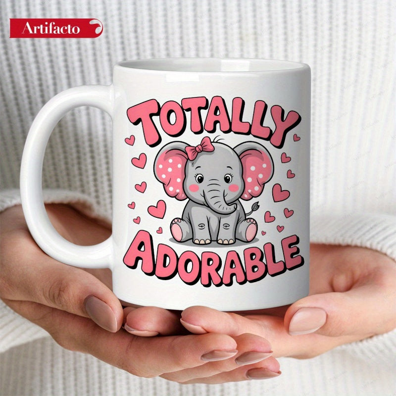 Tailorly White Ceramic 11 oz Mug - Totally Adorable Cute Sitting Baby Elephant With Pink Bow Among Floating Hearts Elephant
