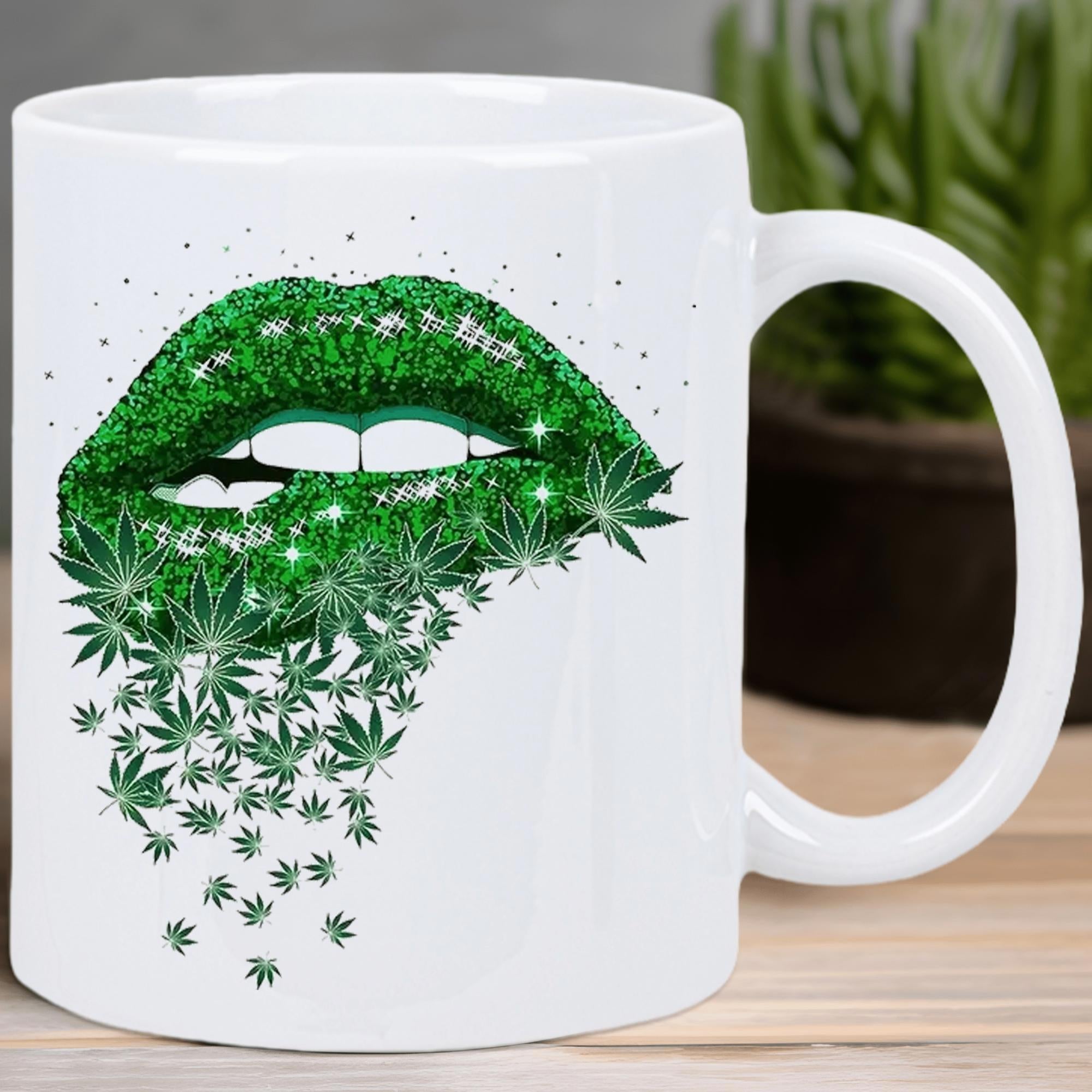 Tailorly White Ceramic 11 oz Mug - Glittering Green Textured With Falling Cannabis Leaves Cascading Downwards Lips