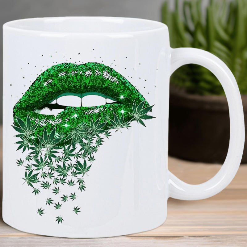 Tailorly White Ceramic 11 oz Mug - Glittering Green Textured With Falling Cannabis Leaves Cascading Downwards Lips
