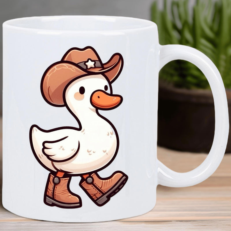 Tailorly White Ceramic 11 oz Mug - Cute White Cartoon Character Wearing Brown Cowboy Hat And Western Boots Duck