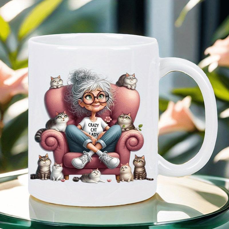 Tailorly White Ceramic 11 oz Mug - Crazy Cat Lady Elderly Person Sitting On Pink Armchair Surrounded By Many Fluffy Cats Woman