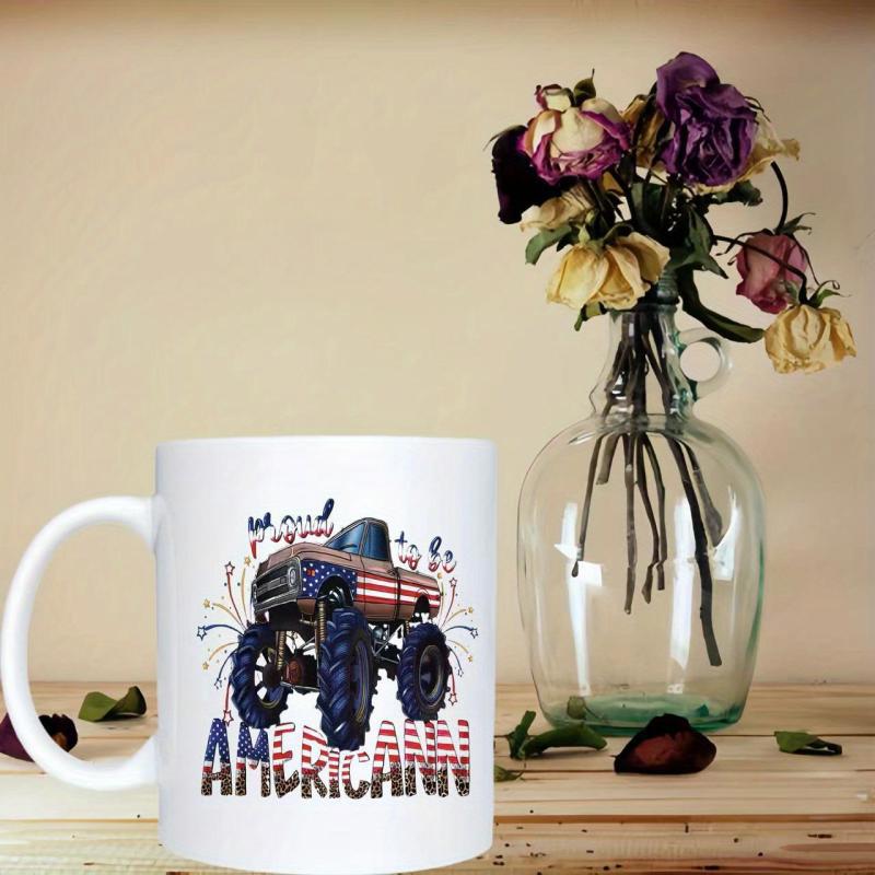 Tailorly White Ceramic 11 oz Mug - Proud American Large Rugged Vehicle Featuring Patriotic Stars And Stripes Themed American Flag Monster Truck