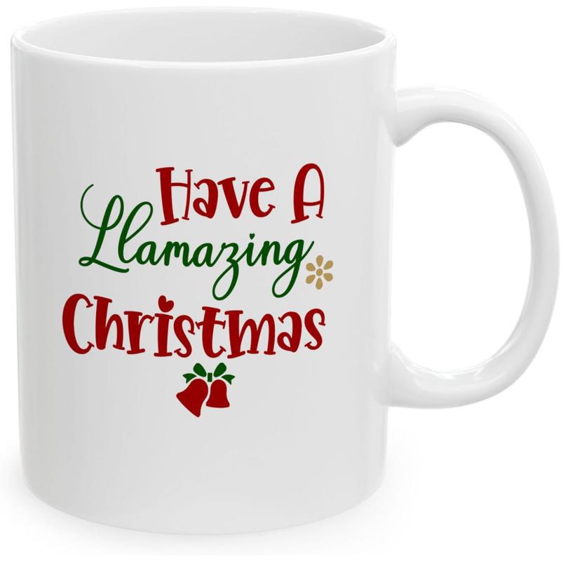 Tailorly White Ceramic 11 oz Mug - Have A Llamazing Christmas Festive Holiday Theme With Decorative Red Bells And Green Holly Mug