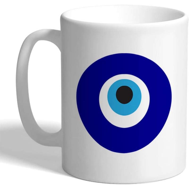 Tailorly White Ceramic 11 oz Mug - Minimalist Traditional Nazar Protection Talisman With Vibrant Blue Concentric Circles Nazar