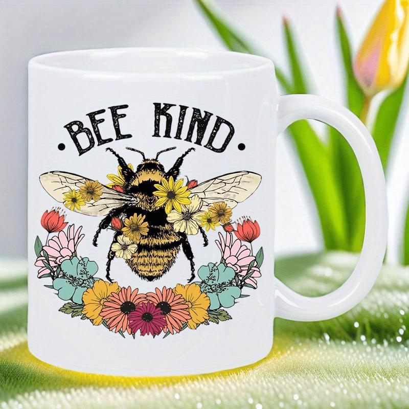 Tailorly White Ceramic 11 oz Mug - Bee Kind Detailed Vintage Illustration Surrounding A Colorful Garden Floral Wreath Bumblebee