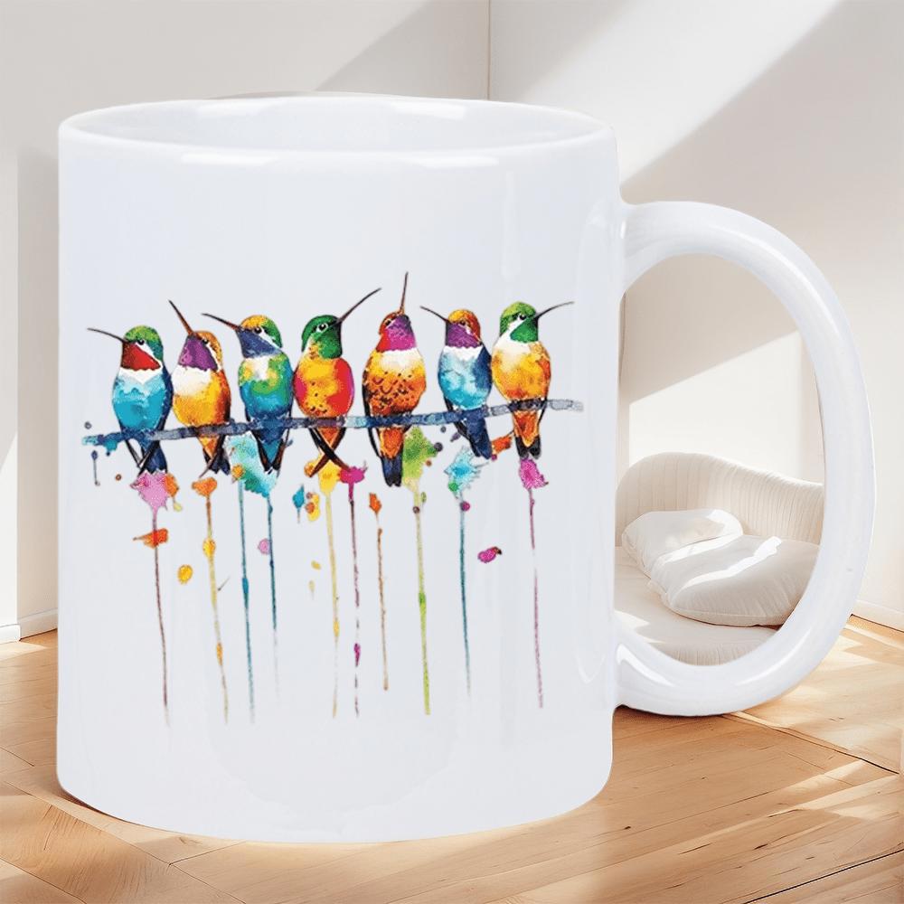 Tailorly White Ceramic 11 oz Mug - Vibrant Watercolor Birds Perched Elegantly On A Wire With Colorful Artistic Splashes Bird