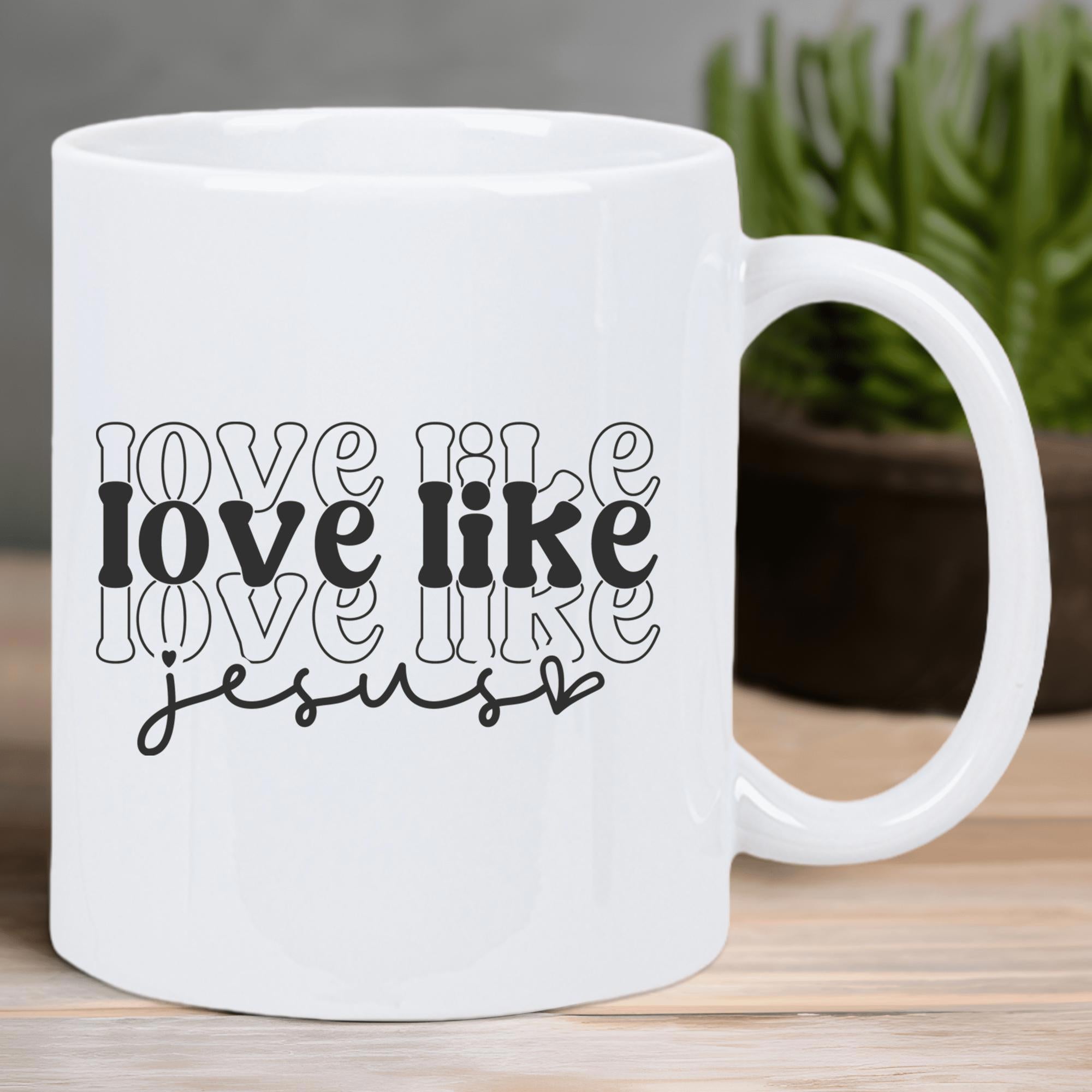 Tailorly White Ceramic 11 oz Mug - Love Like Jesus Minimalist With Retro Stylized Text And Heart Mug