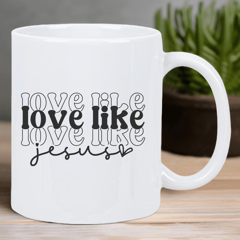 Tailorly White Ceramic 11 oz Mug - Love Like Jesus Minimalist With Retro Stylized Text And Heart Mug