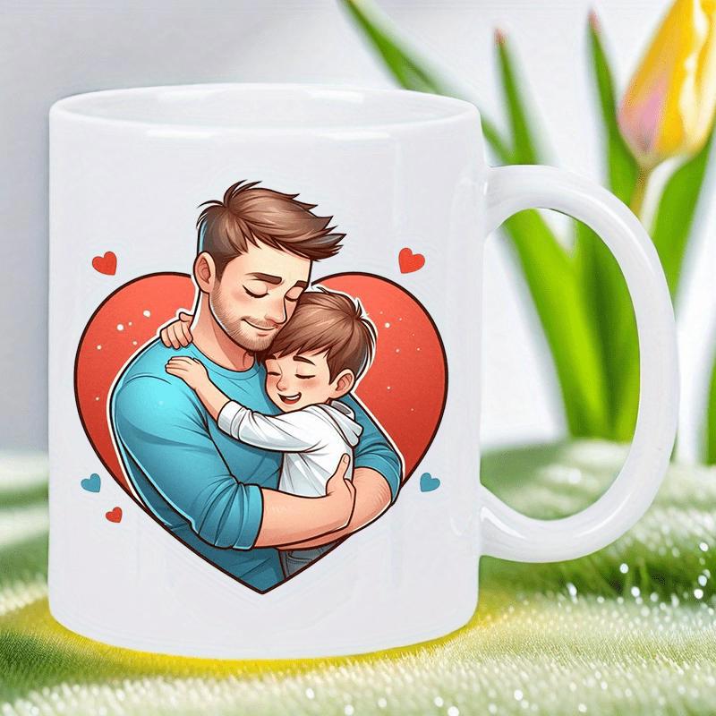 Tailorly White Ceramic 11 oz Mug - Loving Father Embracing His Young Son Inside A Large Red Heart Father