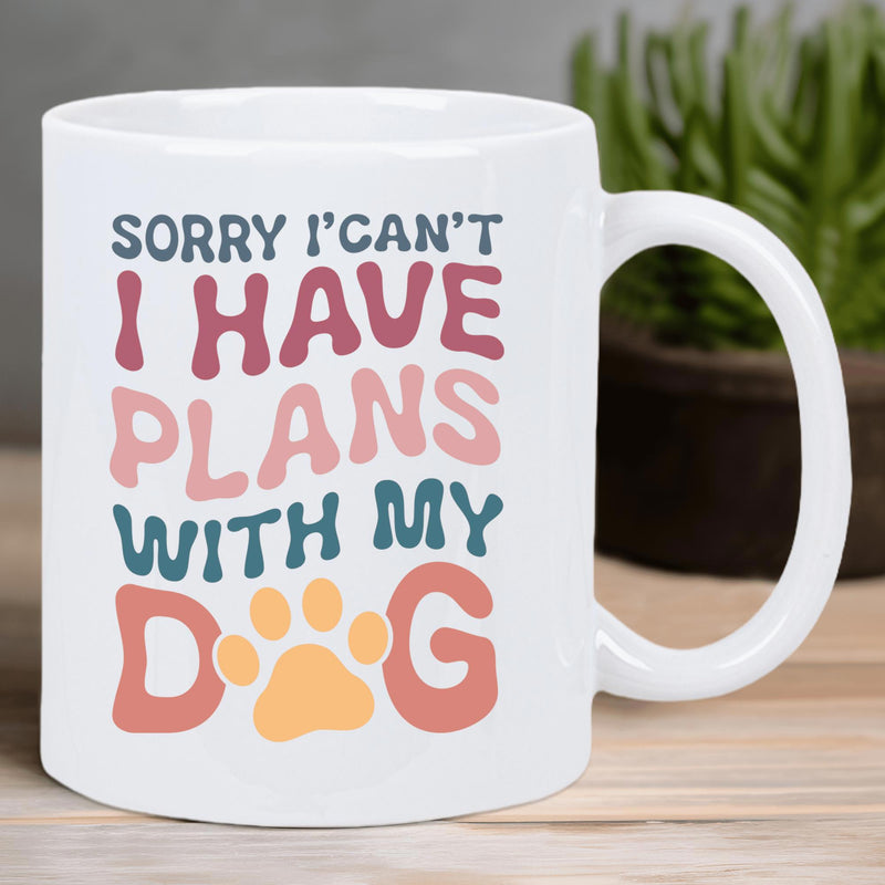 Tailorly White Ceramic 11 oz Mug - Sorry I Cant I Have Plans With My Dog Retro Groovy Lettering Featuring A Simple Golden Paw Print Mug