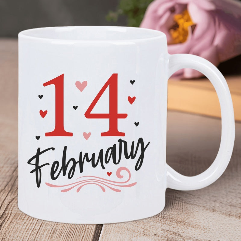 Tailorly White Ceramic 11 oz Mug - 14 February Romantic Small Hearts With Elegant Script Text And Decorative Pink Swirls Mug
