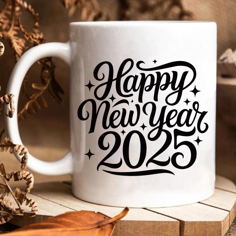 Tailorly White Ceramic 11 oz Mug - Happy New Year 2025 Festive Script Surrounded By Sparkling Stars For Celebration Holiday Cup
