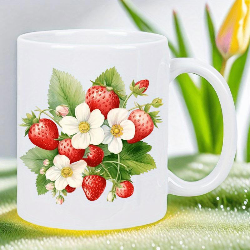 Tailorly White Ceramic 11 oz Mug - Vibrant Red Berries Among Lush Green Leaves And Delicate White Blossoms Strawberry