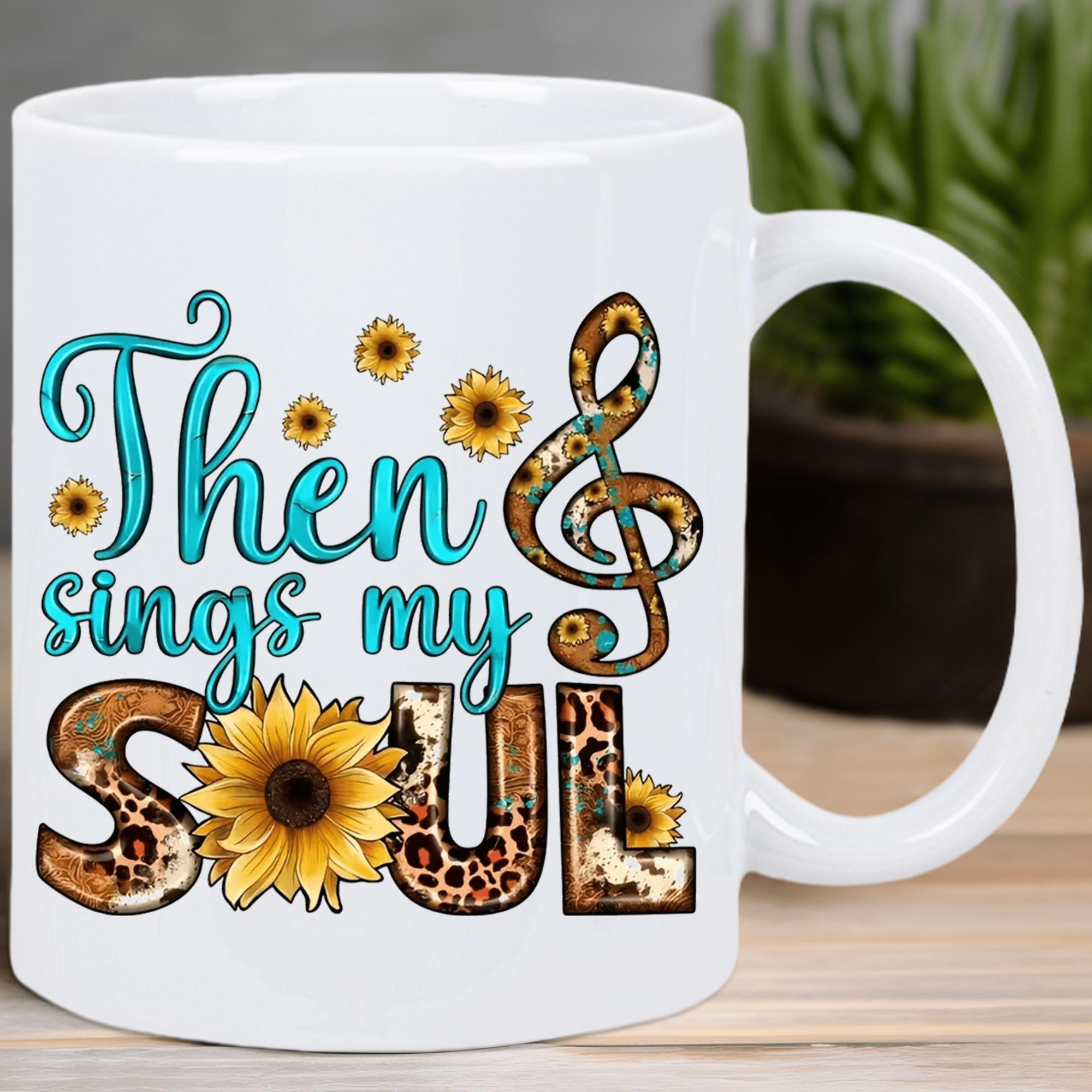 Tailorly White Ceramic 11 oz Mug - Then Sings My Soul Vibrant Golden Sunflowers Among Leopard Pattern Music Note And Script Sunflower