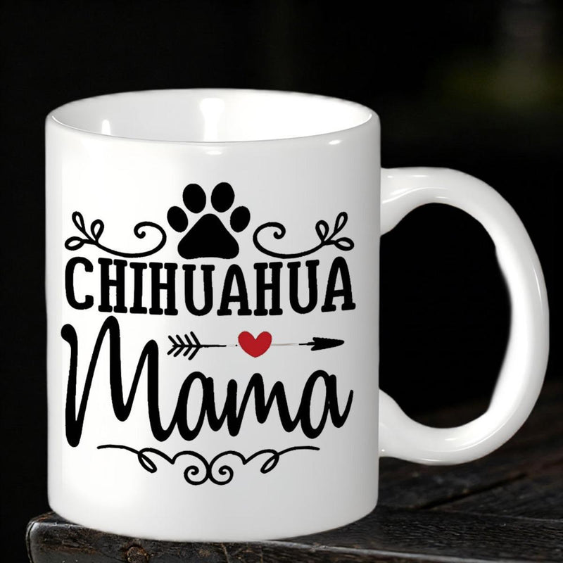 Tailorly White Ceramic 11 oz Mug - Chihuahua Mama Black Paw Print And Heart Arrow Among Decorative Artistic Swirls Chihuahua