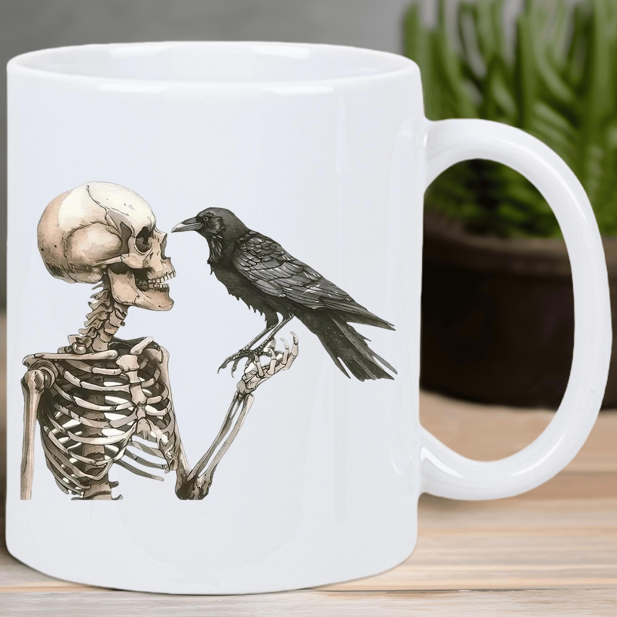 Tailorly White Ceramic 11 oz Mug - Majestic Black Raven Perched Upon The Bony Hand Of A Realistic Human Skeleton