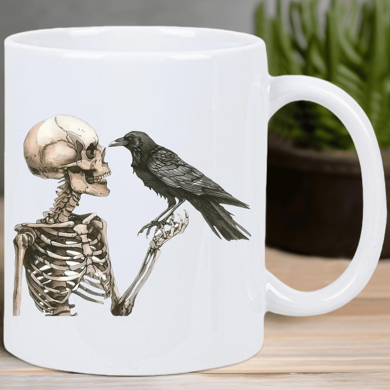 Tailorly White Ceramic 11 oz Mug - Majestic Black Raven Perched Upon The Bony Hand Of A Realistic Human Skeleton