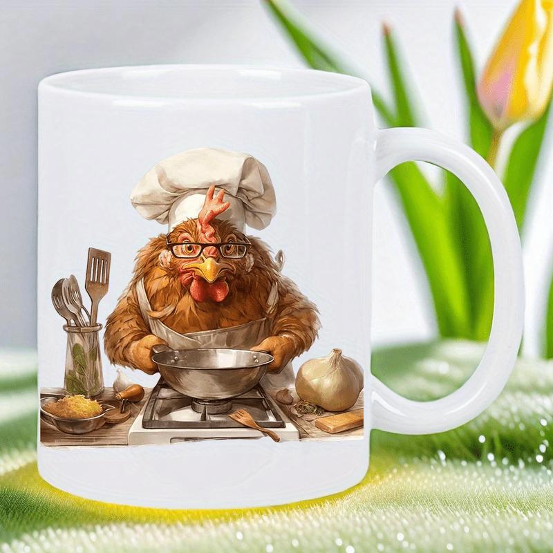Tailorly White Ceramic 11 oz Mug - Professional Brown Hen Chef Cooking Gourmet Meal Over Hot Kitchen Stove Chicken