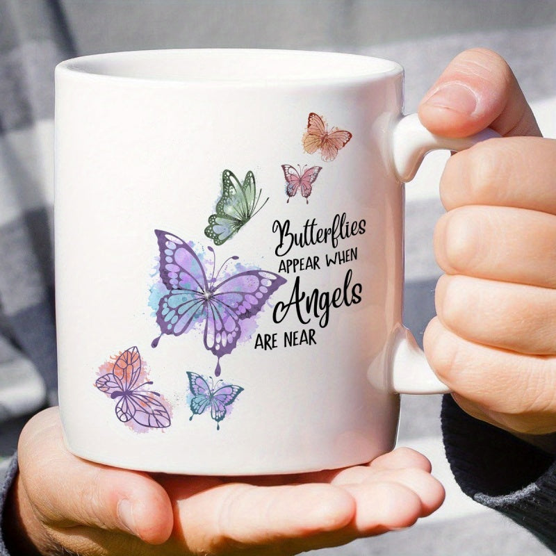 Tailorly White Ceramic 11 oz Mug - Butterflies Appear When Angels Are Near Delicate Watercolor Colorful Fluttering Wings Among Spiritual Words Butterfly