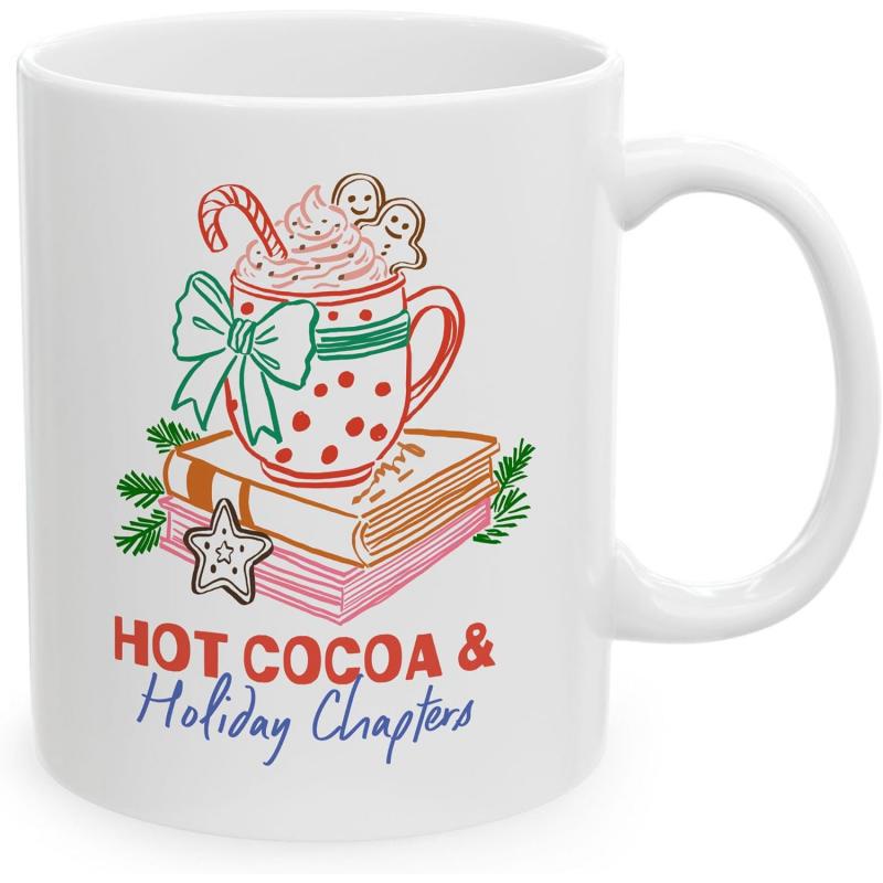 Tailorly White Ceramic 11 oz Mug - Hot Cocoa Holiday Chapters Festive Steaming Beverage With Candy Cane Atop Vintage Stacked Winter Books Mug