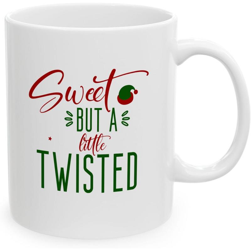 Tailorly White Ceramic 11 oz Mug - Sweet But A Little Twisted With Festive Holiday Script And Small Santa Hat Mug