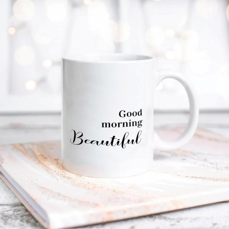Tailorly White Ceramic 11 oz Mug - Good Morning Beautiful Sleek White Ceramic Minimalist Vessel Resting Upon A Decorative Marble Journal Mug