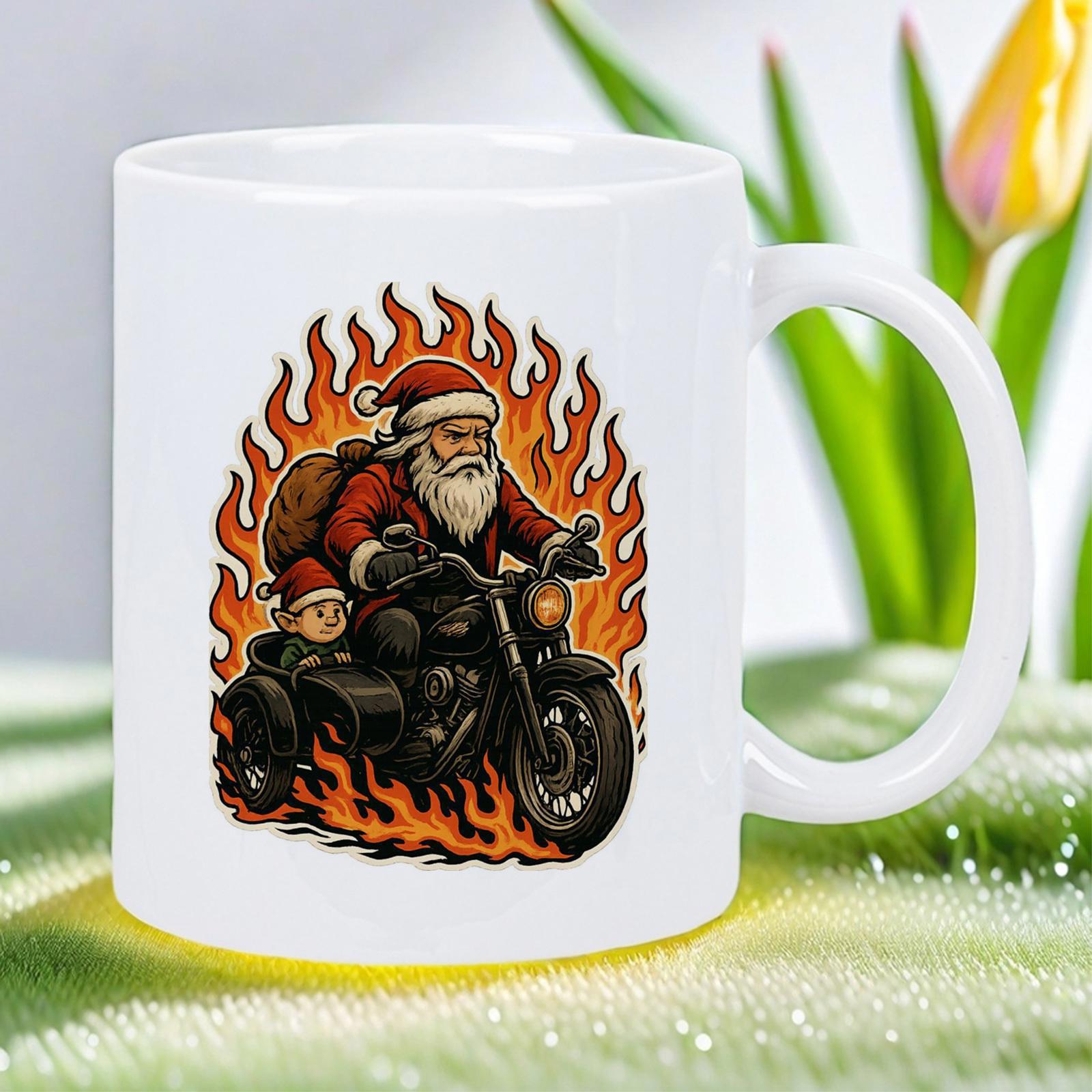 Tailorly White Ceramic 11 oz Mug - Cool Biker Riding Large Black Motorcycle Among Intense Raging Orange Fire Santa Claus