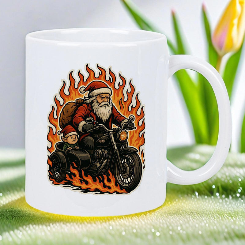 Tailorly White Ceramic 11 oz Mug - Cool Biker Riding Large Black Motorcycle Among Intense Raging Orange Fire Santa Claus