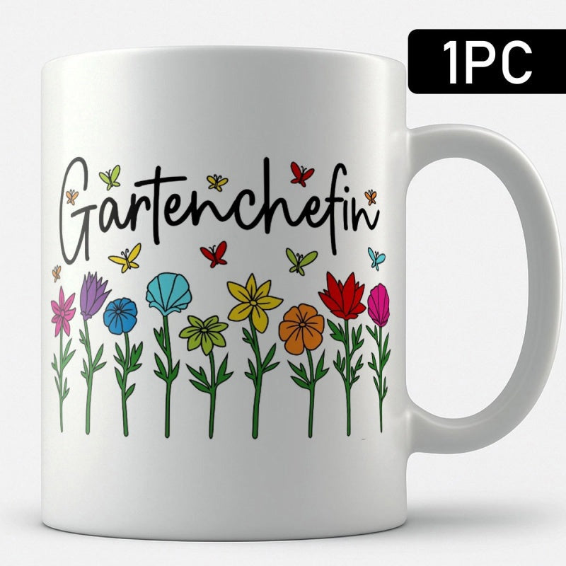 Tailorly White Ceramic 11 oz Mug - Vibrant Colorful Garden Wildflowers Growing Tall With Delicate Butterflies Fluttering Above Flower