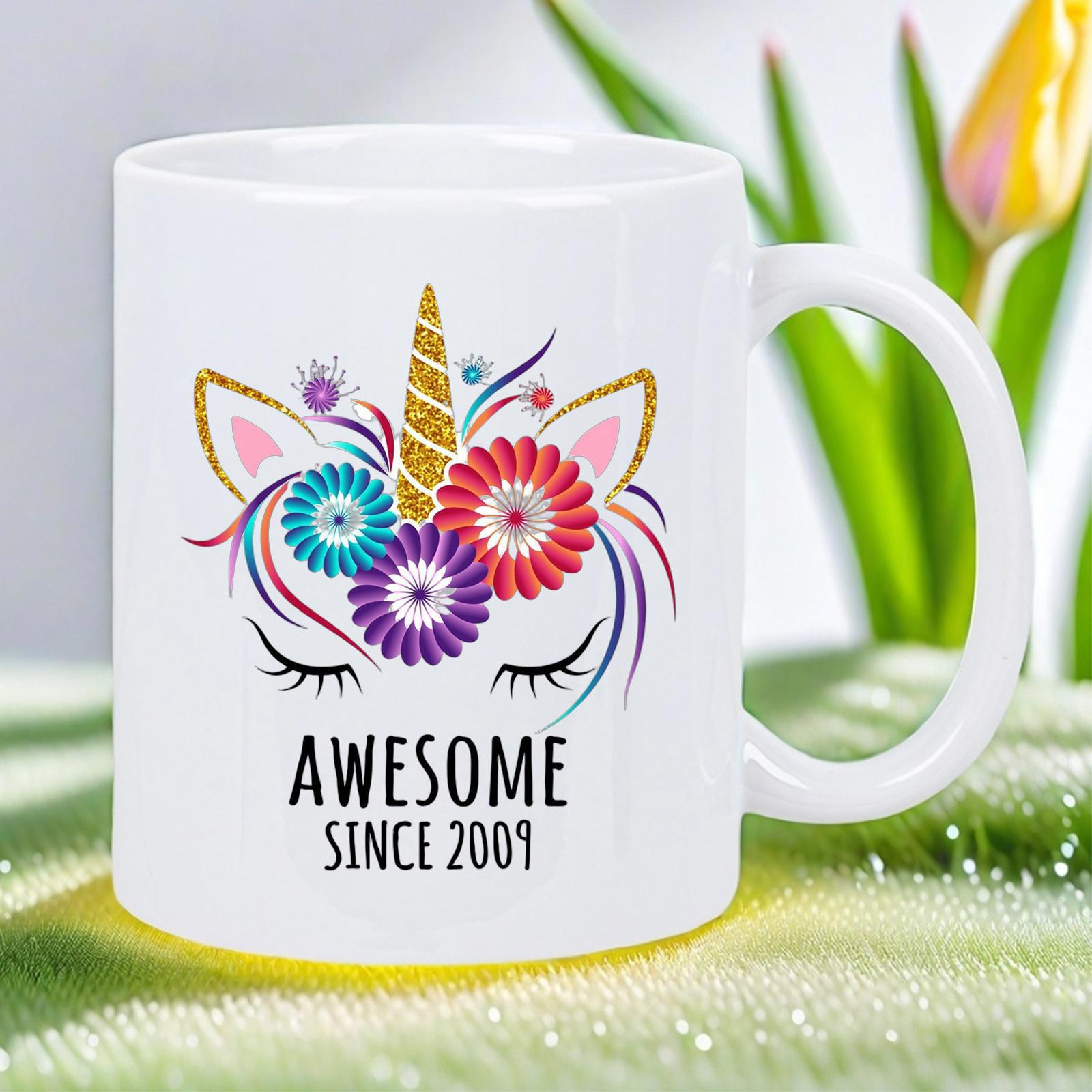 Tailorly White Ceramic 11 oz Mug - Awesome Since 2009 Floral Crown Golden Horn Closed Eyelashes Sparkle Colorful Whimsical Dreamy Unicorn
