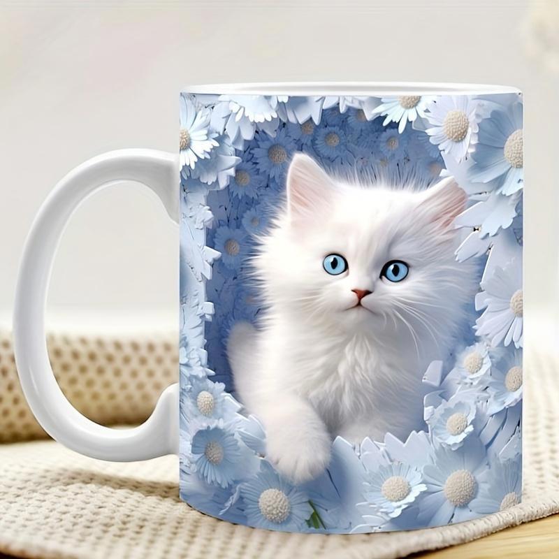 Tailorly White Ceramic 11 oz Mug - Soft Blue Flowers Surrounding A Majestic Fluffy White Domestic Longhair Kitten