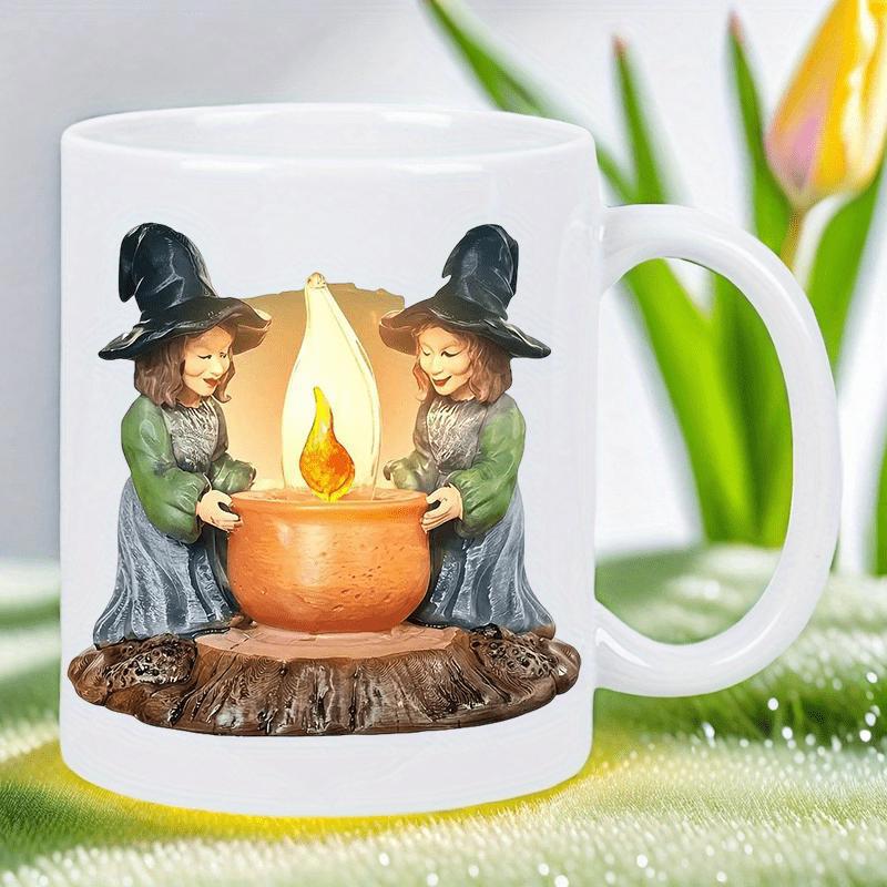 Tailorly White Ceramic 11 oz Mug - Two Small Girls In Witch Hats Standing Near A Glowing Magical Cauldron Witches