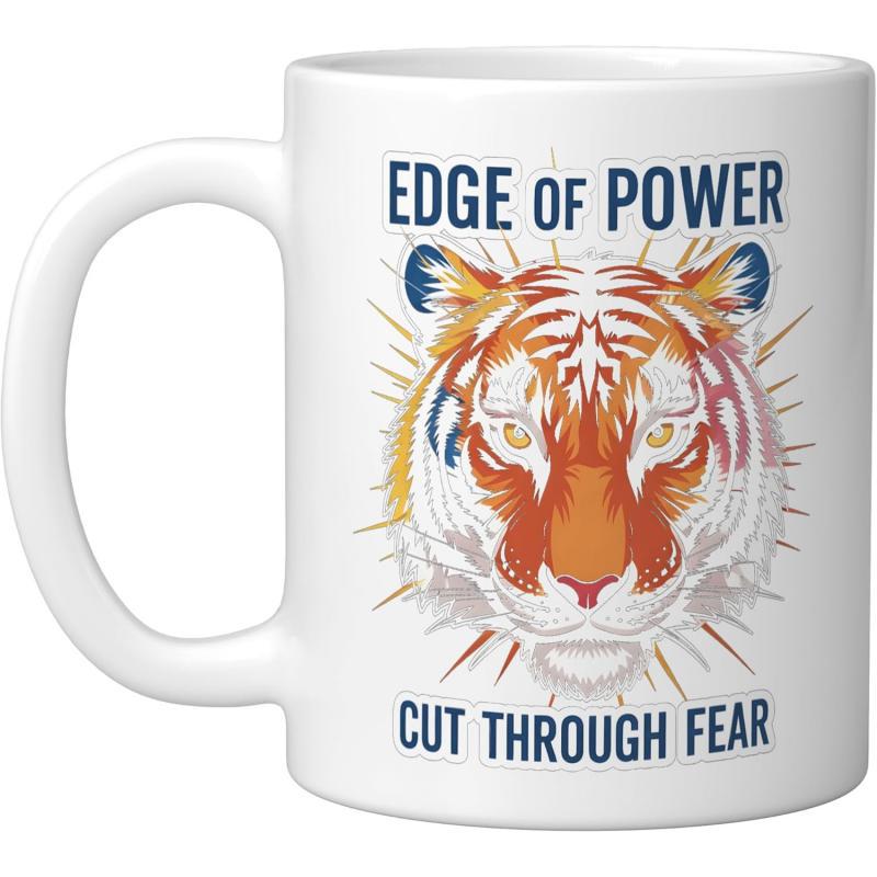 Tailorly White Ceramic 11 oz Mug - Edge Of Power Cut Through Fear Artistic Vibrant Feline Face With Radiating Golden Rays And Fierce Tiger