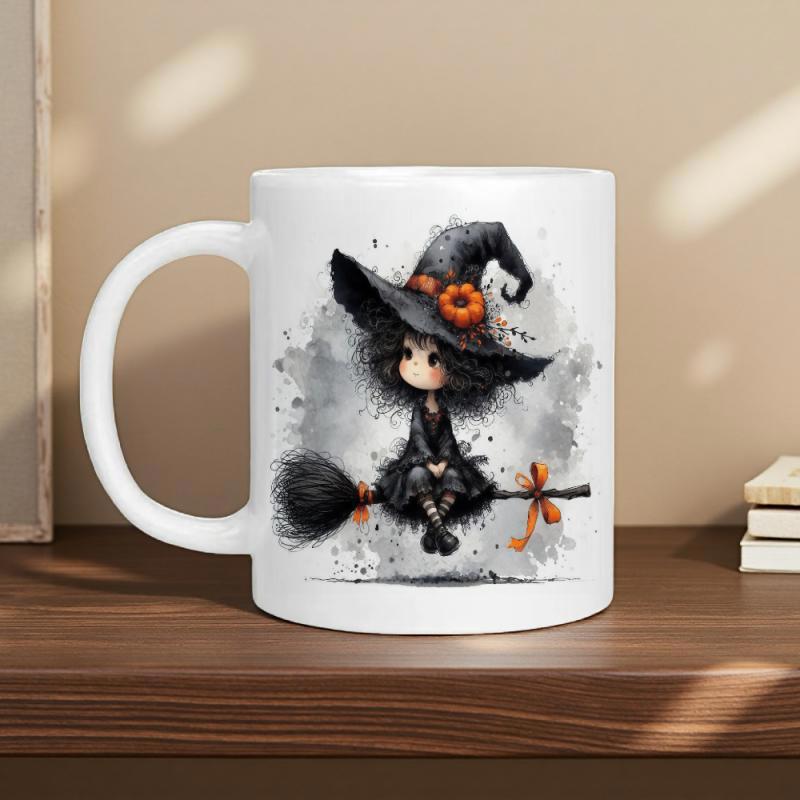 Tailorly White Ceramic 11 oz Mug - Chibi Style Character Wearing Black Hat Sitting On Flying Broomstick Among Watercolor Splashes Witch