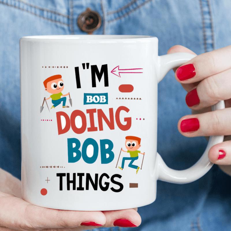 Tailorly White Ceramic 11 oz Mug - Im Bob Doing Bob Things Small Playful Red Haired Cartoon Boys Wearing Green Shirts In Dynamic Poses Design